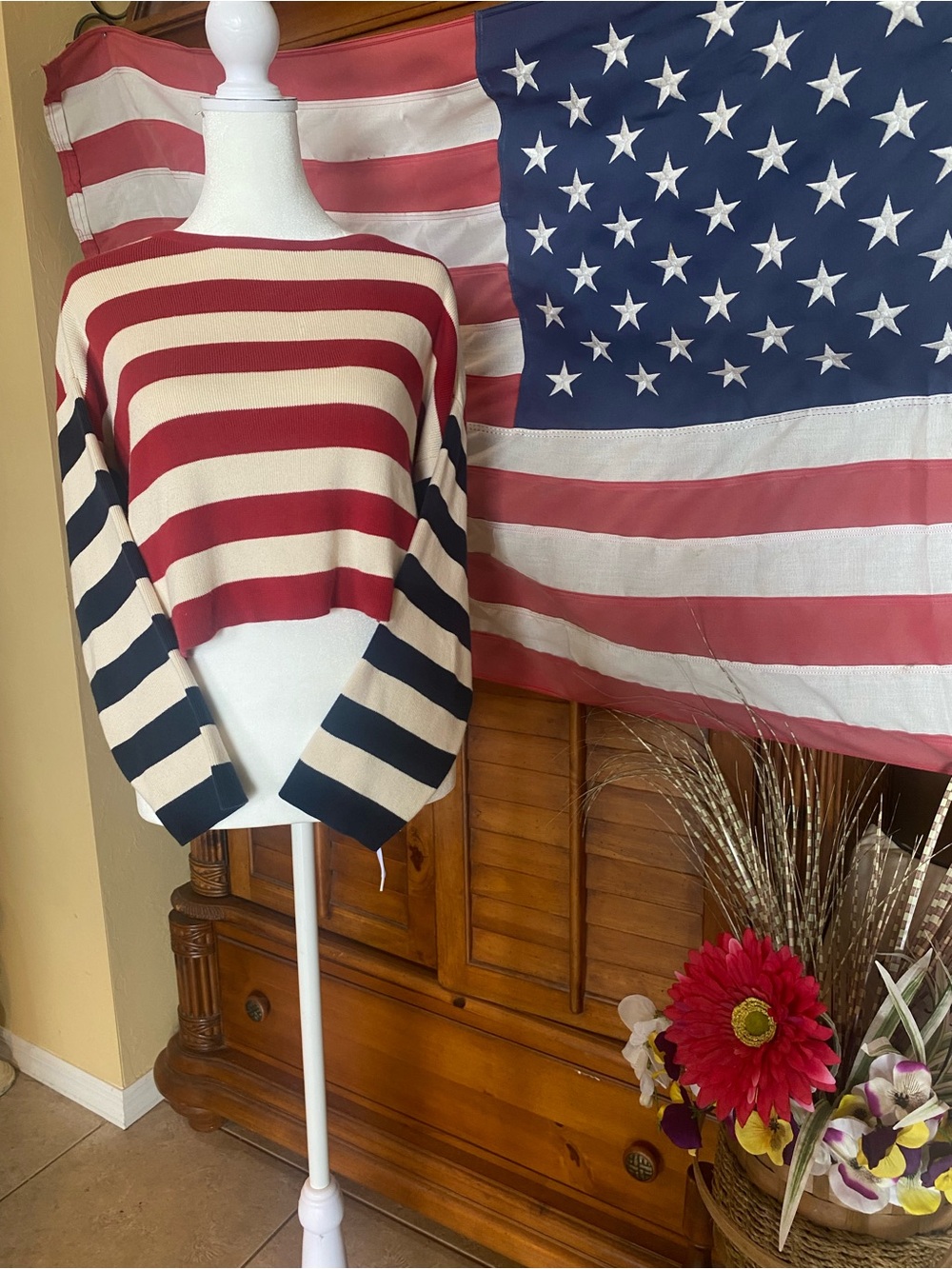 Striped Red and Cream Cropped Boatneck Top
